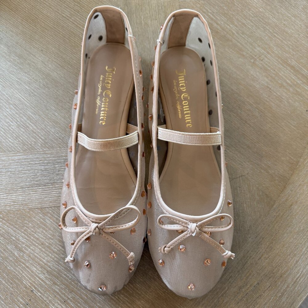 Juicy Couture FEFI Rhinestone Tan Mesh Ballet Flats - Size 8M - Gently Used